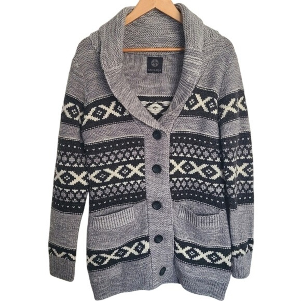 Sansara Gray Chunky Wool Blend Fair Isle‎ Shawl Collar Cardigan Small